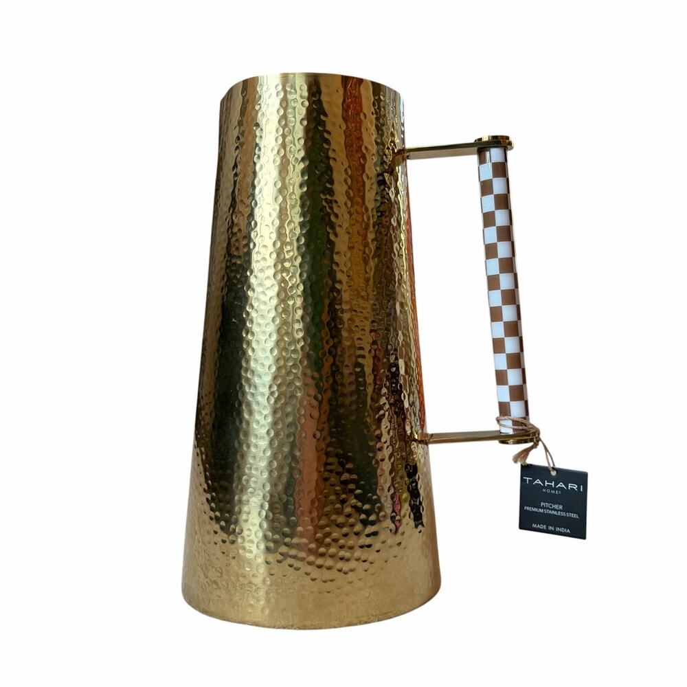 NEW Tahari Home Hammered Gold Stainless Steel Pitcher w/ Mocha Checkered Handle